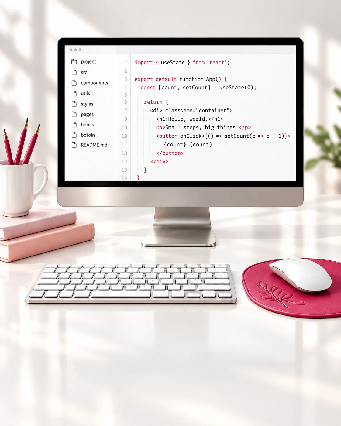 White desktop computer with raspberry accessories on a bright desk.