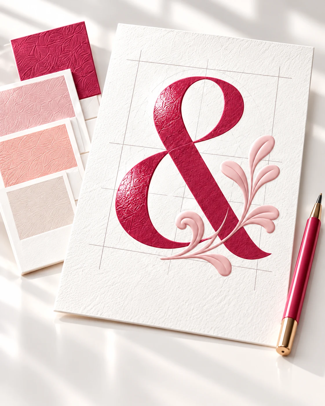 Raspberry ampersand on embossed white paper with blush and peach swatches.