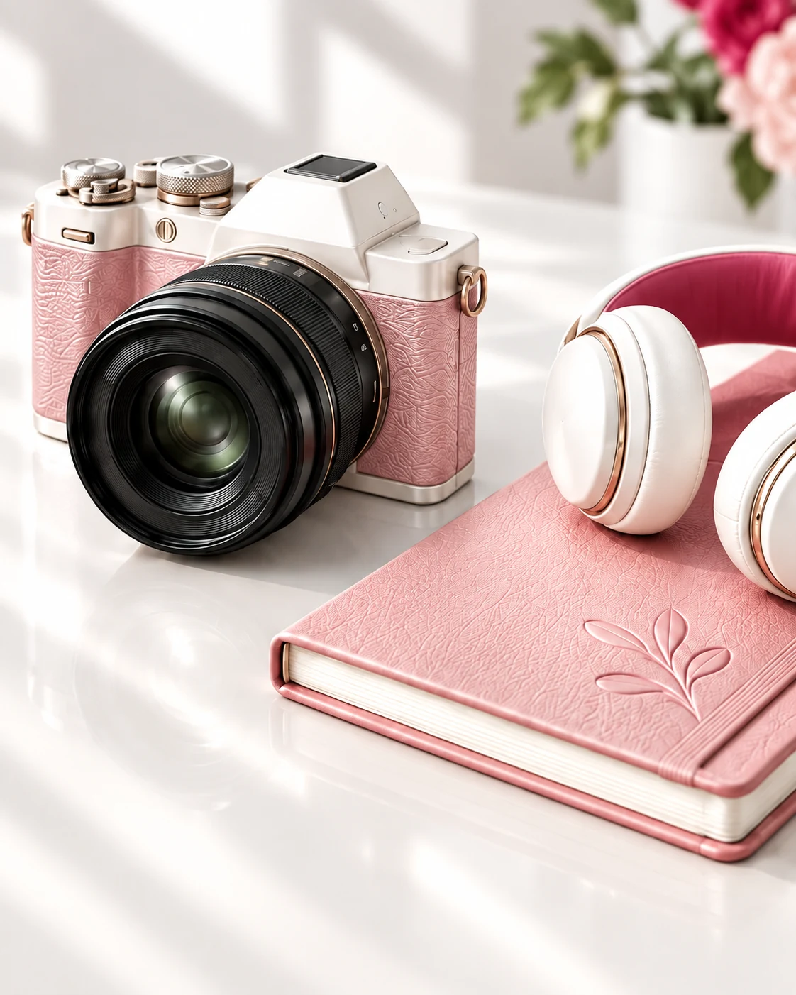 Blush camera, white headphones and a pink notebook on a white desk.