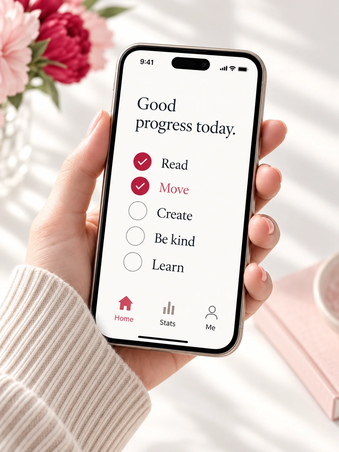 Hand holding a smartphone with a habit tracker and raspberry interface accents.