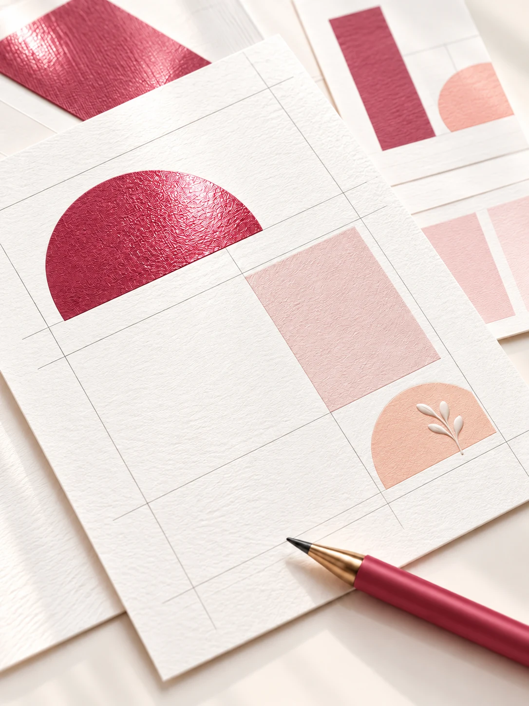 White layout studies with raspberry, blush and peach geometric shapes.