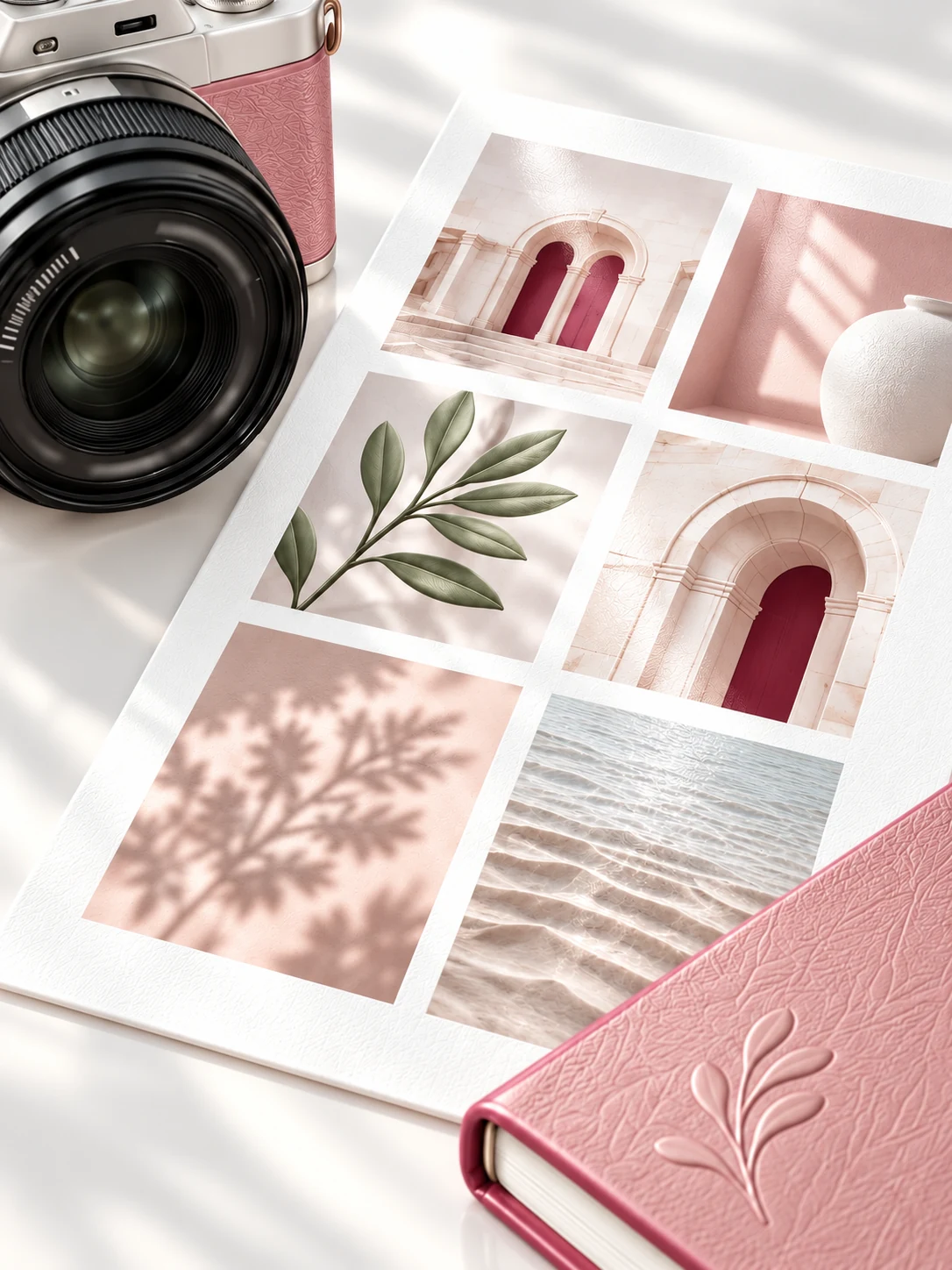 Camera beside a photo contact sheet and a blush notebook.